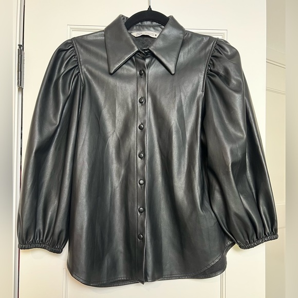 Zara Black Faux-Leather Button Down Blouse (XS) - Picture 4 of 5